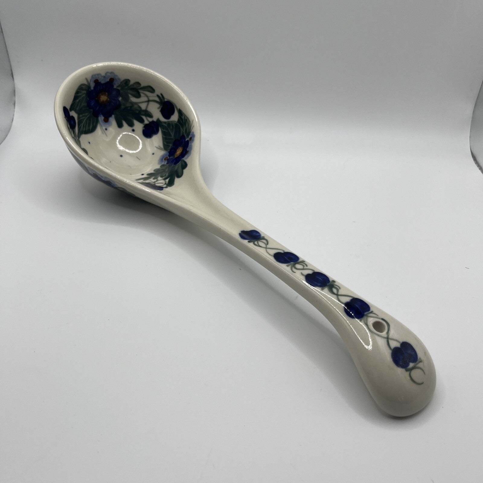 Vtg Polish Pottery Soup Serving Ladle 12“  Wild Blueberry Cobalt Blue