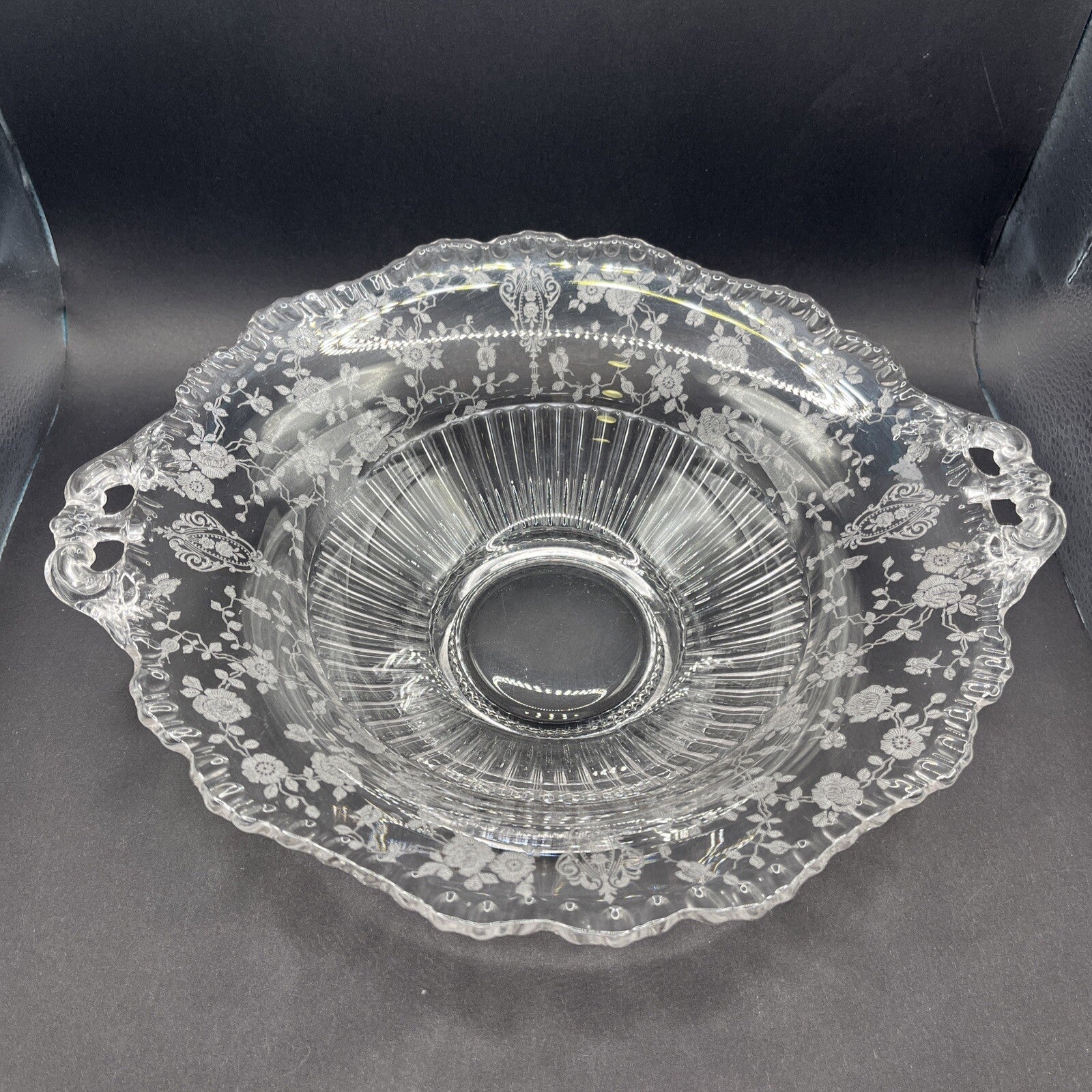 CAMBRIDGE GLASS CO  ROUND FOOTED CONSOLE BOWL - GRAY CUT FLORAL DECOR 10”
