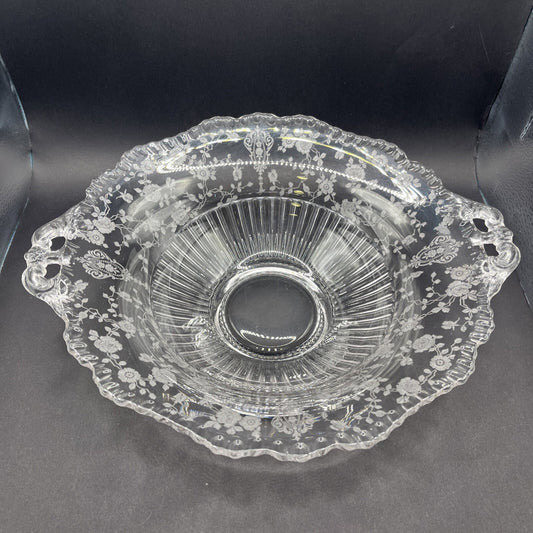 CAMBRIDGE GLASS CO  ROUND FOOTED CONSOLE BOWL - GRAY CUT FLORAL DECOR 10”
