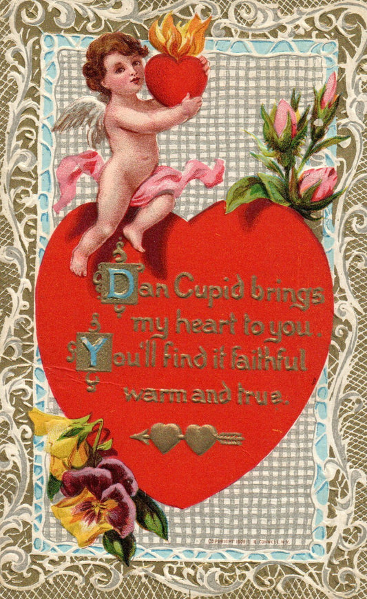 267 Gold Metallic Cupid Holding Heart On Fire Poem Valentine Postcard