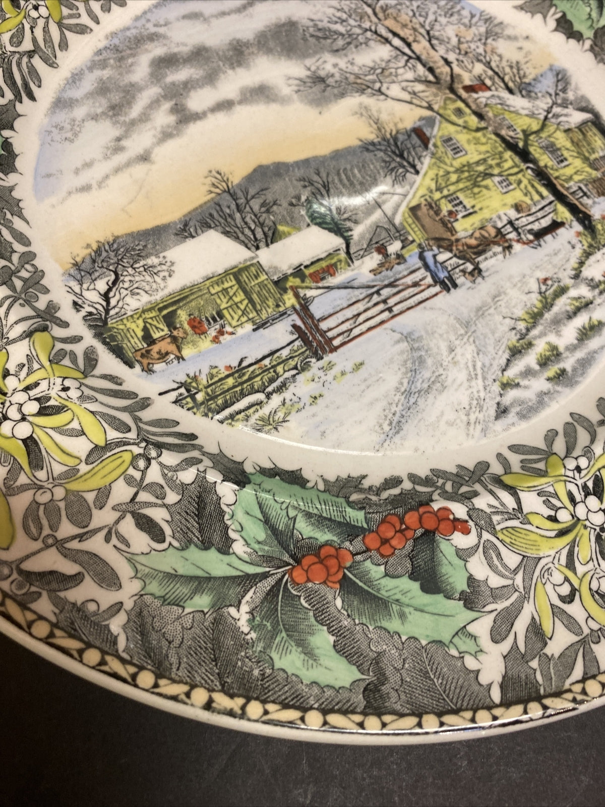 10.5" Adams Currier Winter Scenes New England Winter Scene Holly PLATE pottery