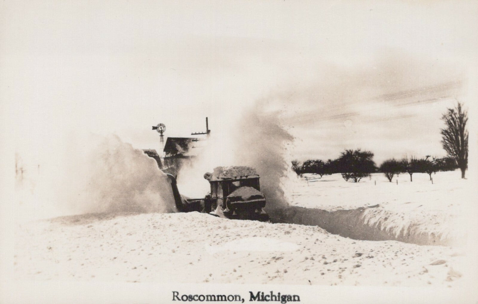 Real Photo Snowplowing Blowing Deep Snow Roscommon Michigan MI Mich Postcard