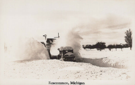 Real Photo Snowplowing Blowing Deep Snow Roscommon Michigan MI Mich Postcard