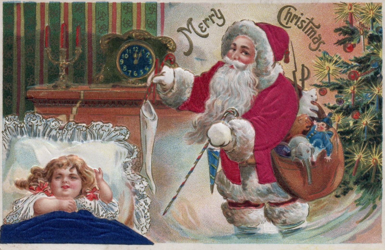 Santa Claus Red Robe Stocking Little Girl Sleeping Silk Embossed Postcard