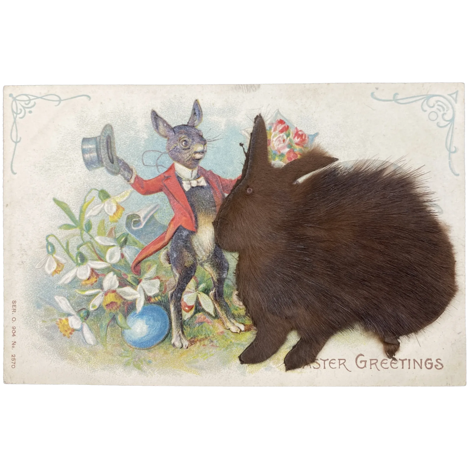 Easter Greetings Embossed Easter Rabbit Wearing Suit & Hat REAL HAIR Postcard