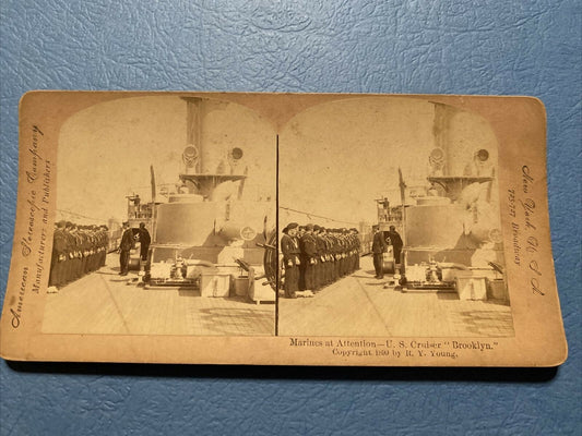 1899 Marines at Attention US Cruiser Brooklyn Real Photo Stereoview Navy