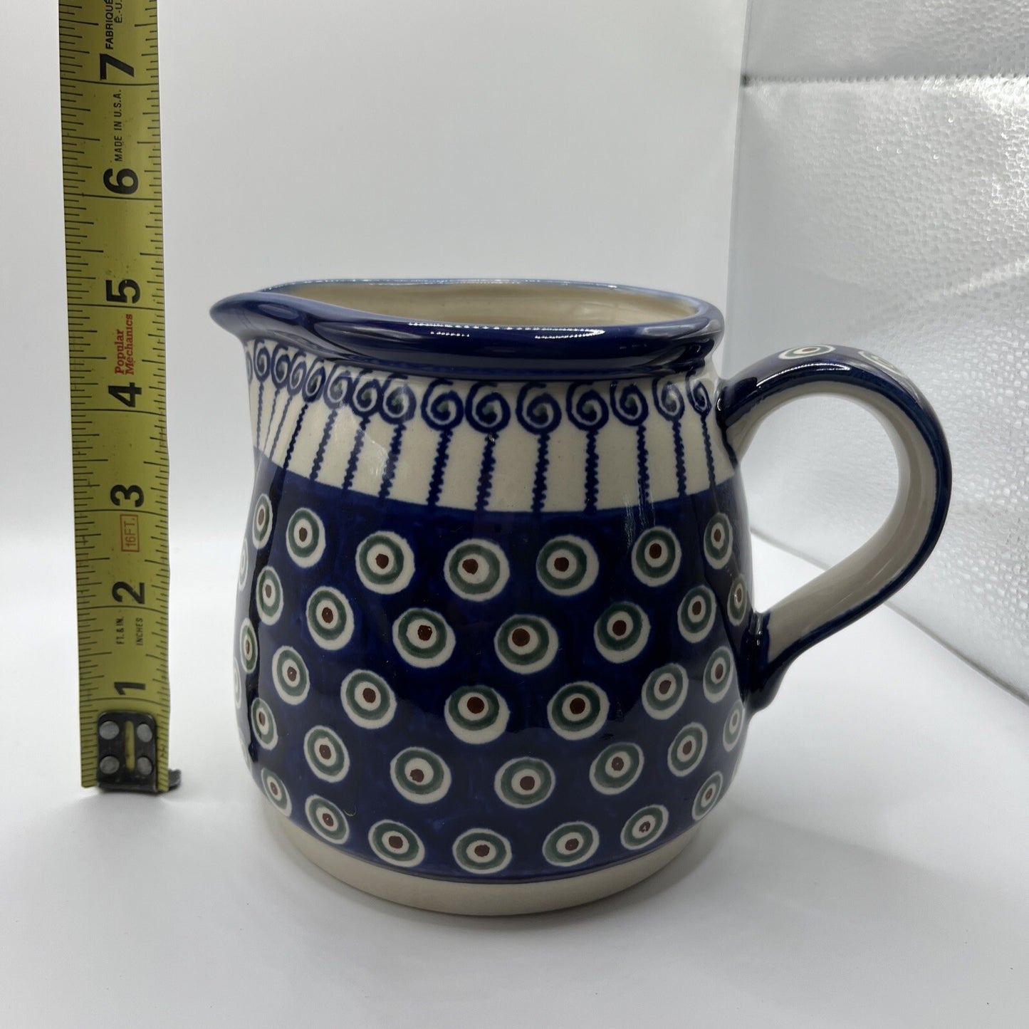 New Polish Pottery Boleslawiec Water Pitcher 5” High Blue Flower Authentic