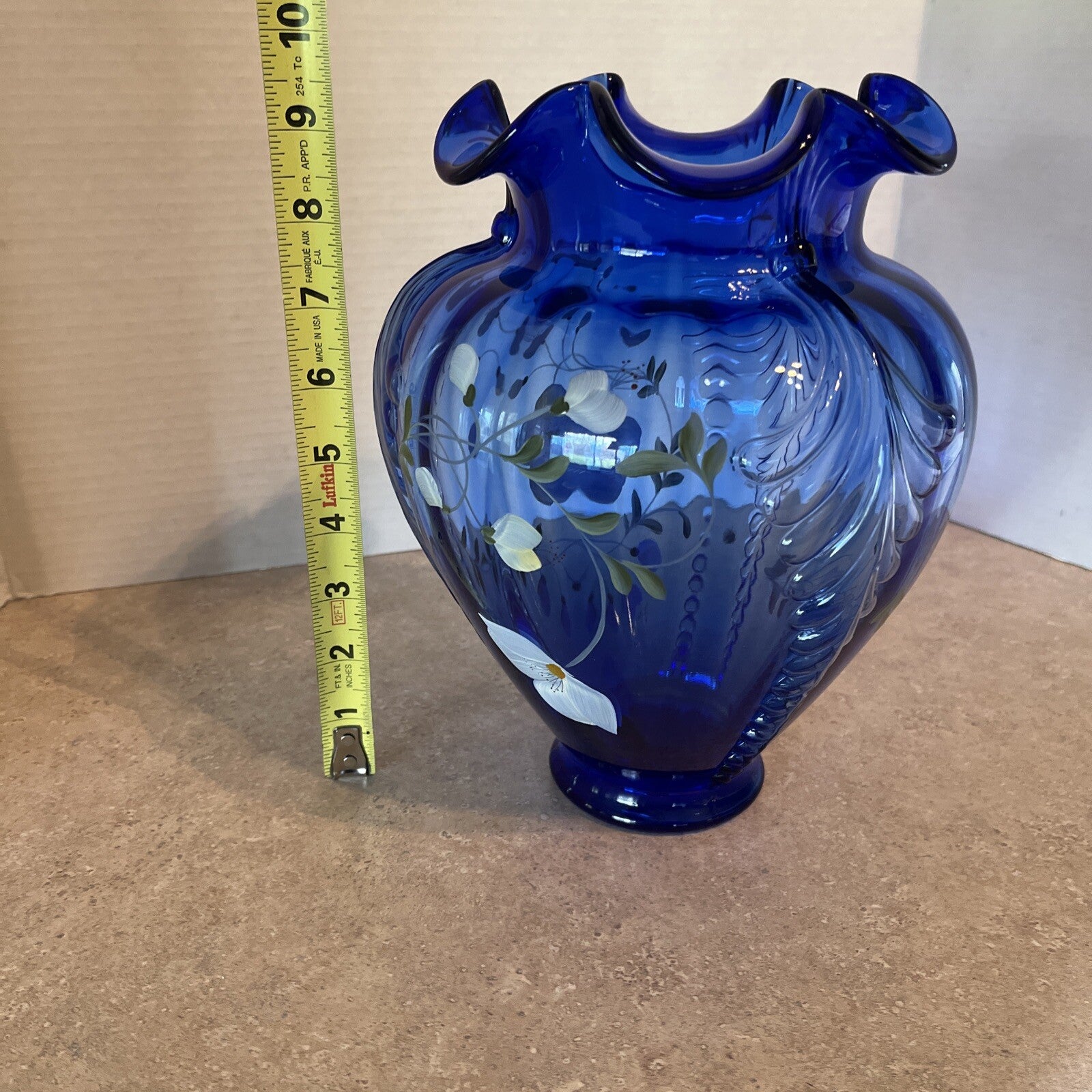 Fenton Glass Cobalt Blue Feathered Belly Vase Signed Shelly Fenton Hand Painted