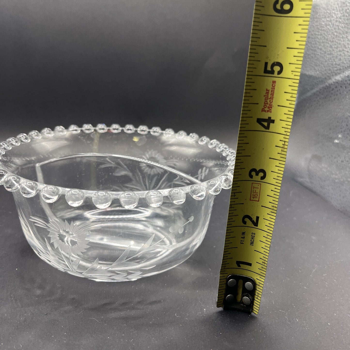 Imperial Candlewick Elegant Glass FLORAL ETCHED DIVIDED BOWL 3 1/2" T, 6 1/2" W