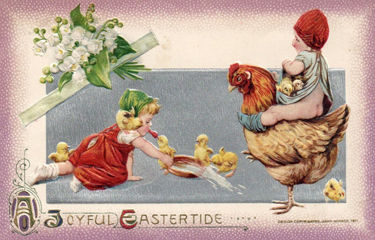 A Joyful Eastertide Children Playing with Hen & Chicks Vintage Easter Postcard