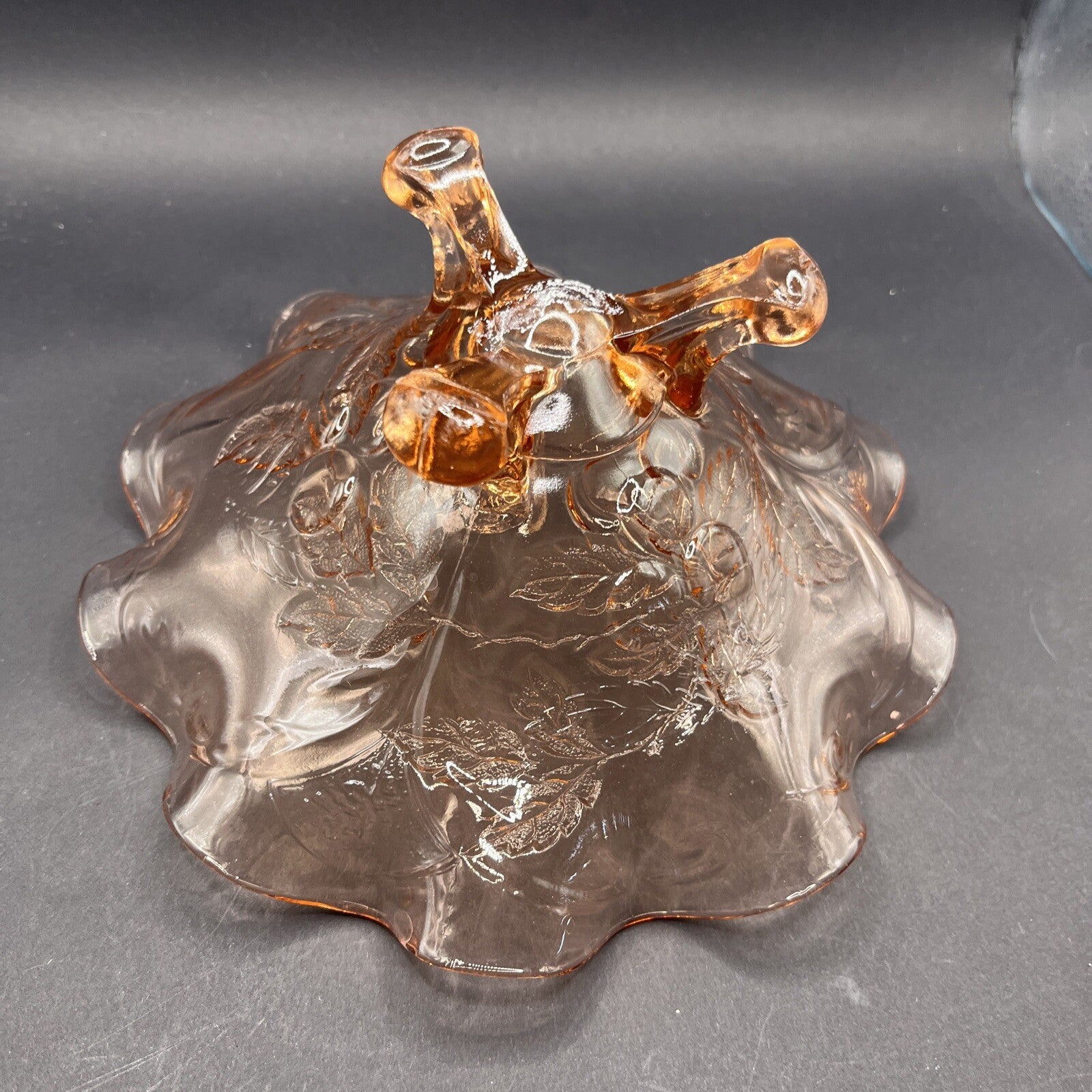 Pink Depression Glass Candy Serving Bowl Footed Cherries Leaves Ruffled Edge