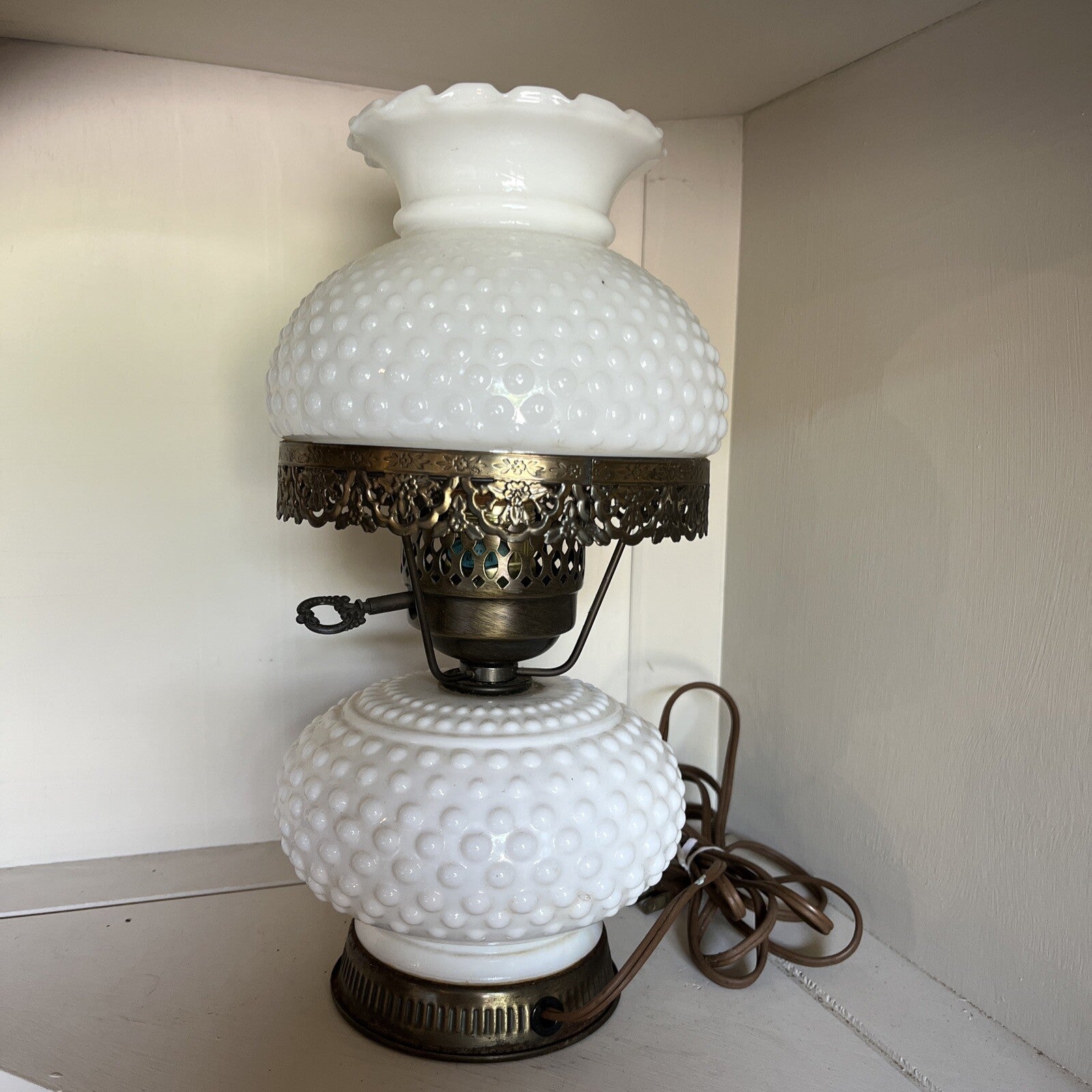 Hobnail Table Lamp Milk Glass Body Globe Parlor Dresser Lamp