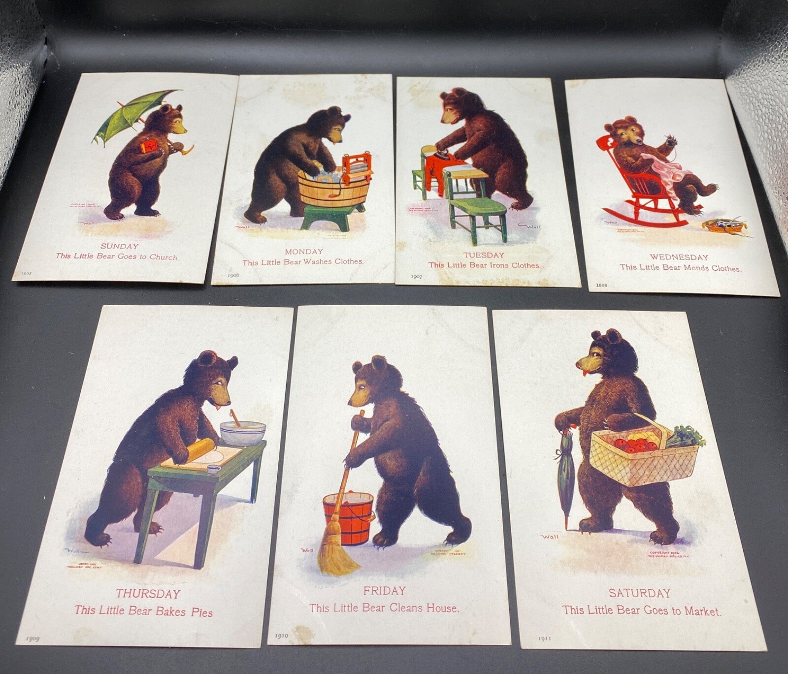 This Little Bear Complete Lot of  Days of the Week Bears Doing Things Postcards