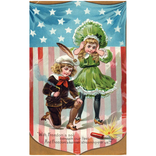 Little Girl & Boy Lighting Fireworks Vintage Patriotic Postcard