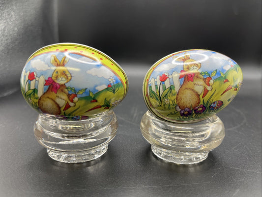 Vintage 2 Tin Egg With rabbit Picture