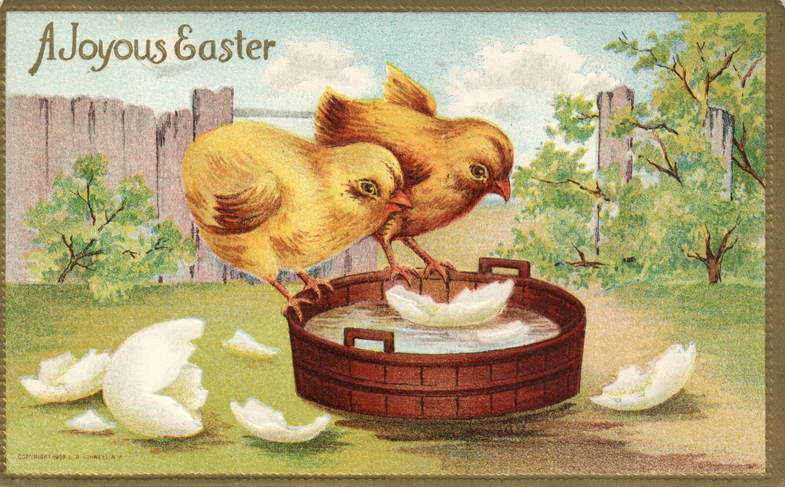 Gold Metallic Cracked Egg Chicks Looking Over Water Bucket Easter Postcard