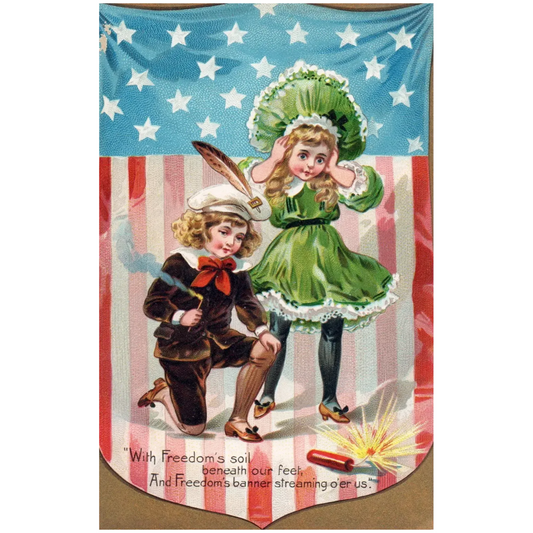 Little Boy & Girl Playing w/ Fireworks Vintage Patriotic Postcard