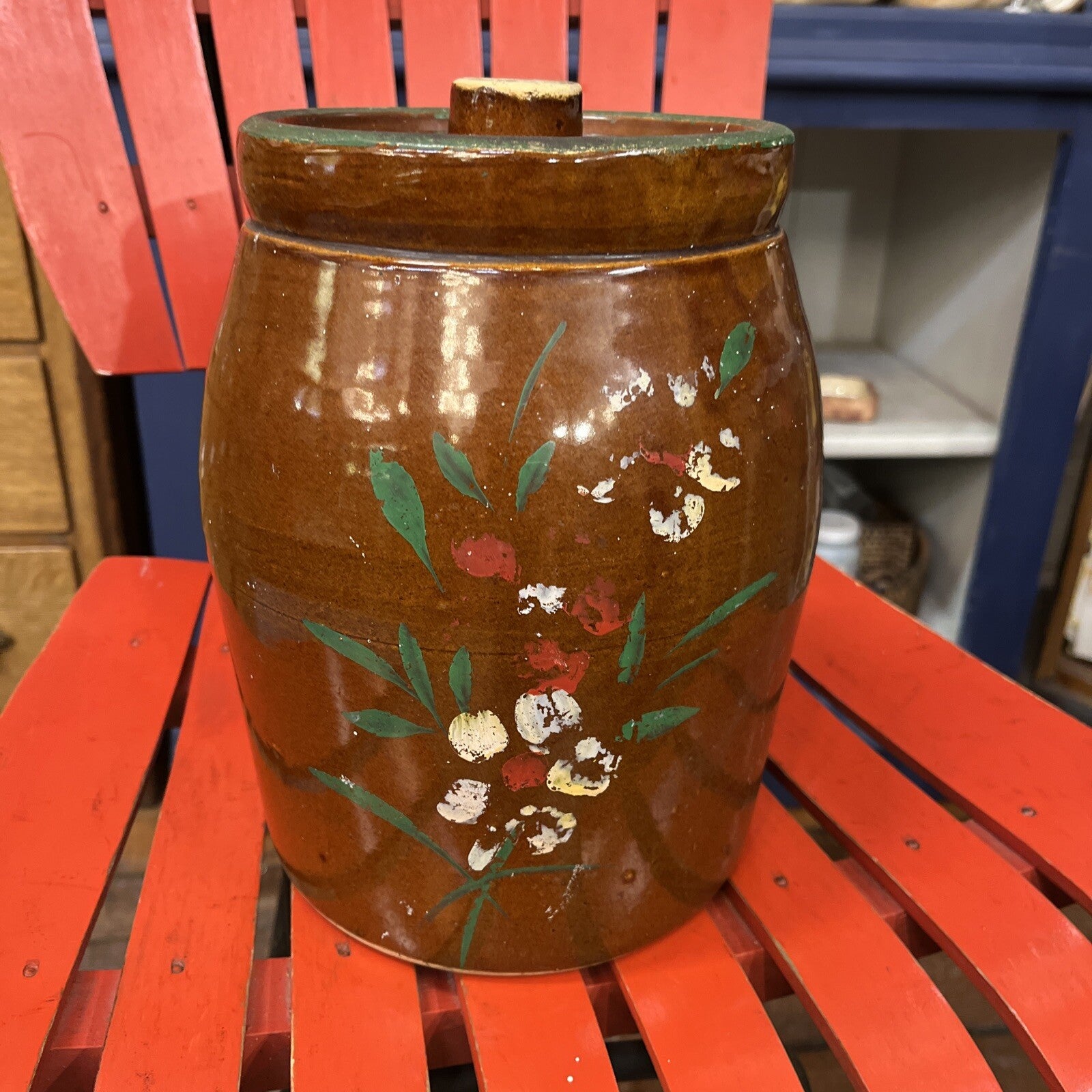 VINTAGE COOKIE JAR- CROCK BROWN FLOWERED STONEWARE CROCK KITCHEN FARM RANCH HOME
