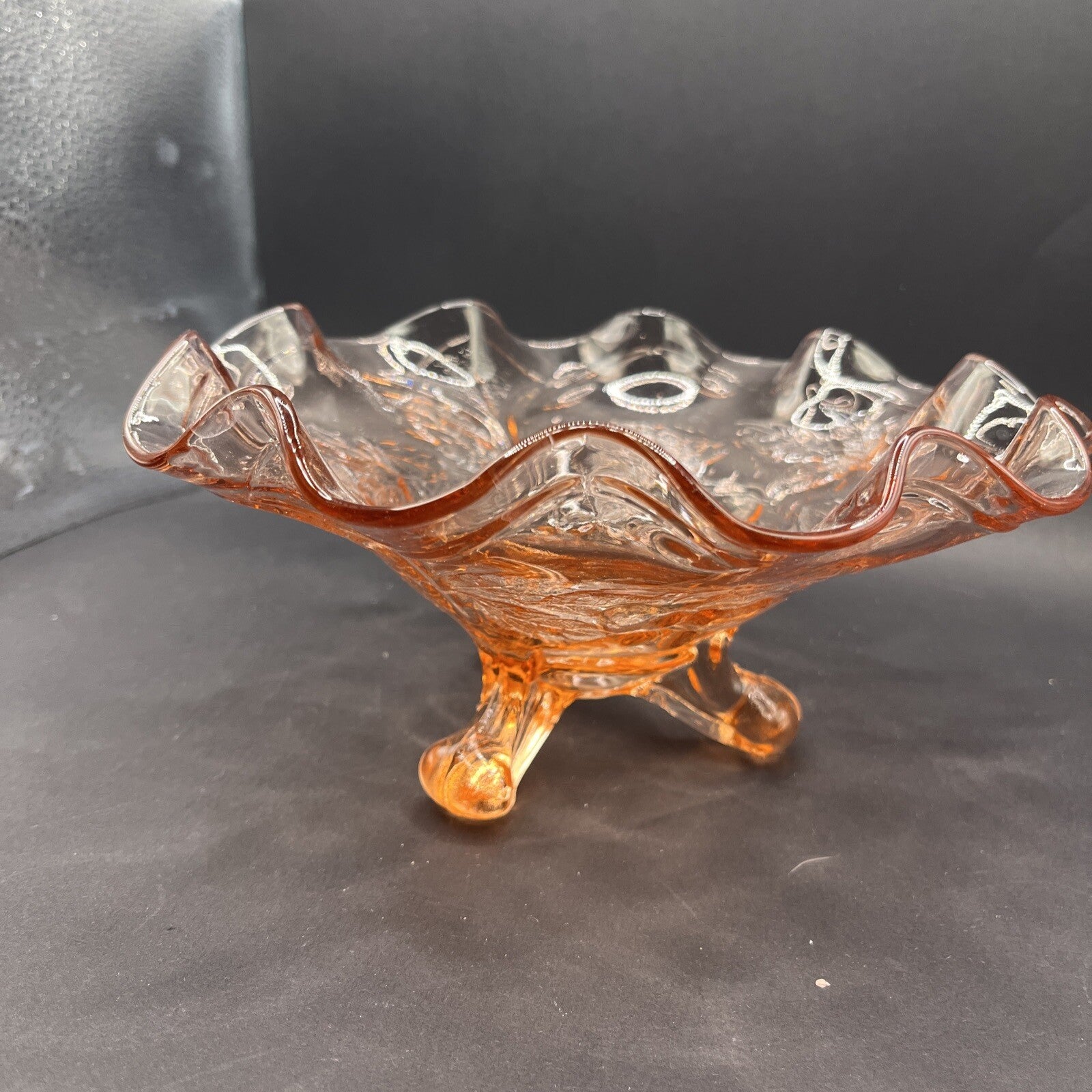 Pink Depression Glass Candy Serving Bowl Footed Cherries Leaves Ruffled Edge