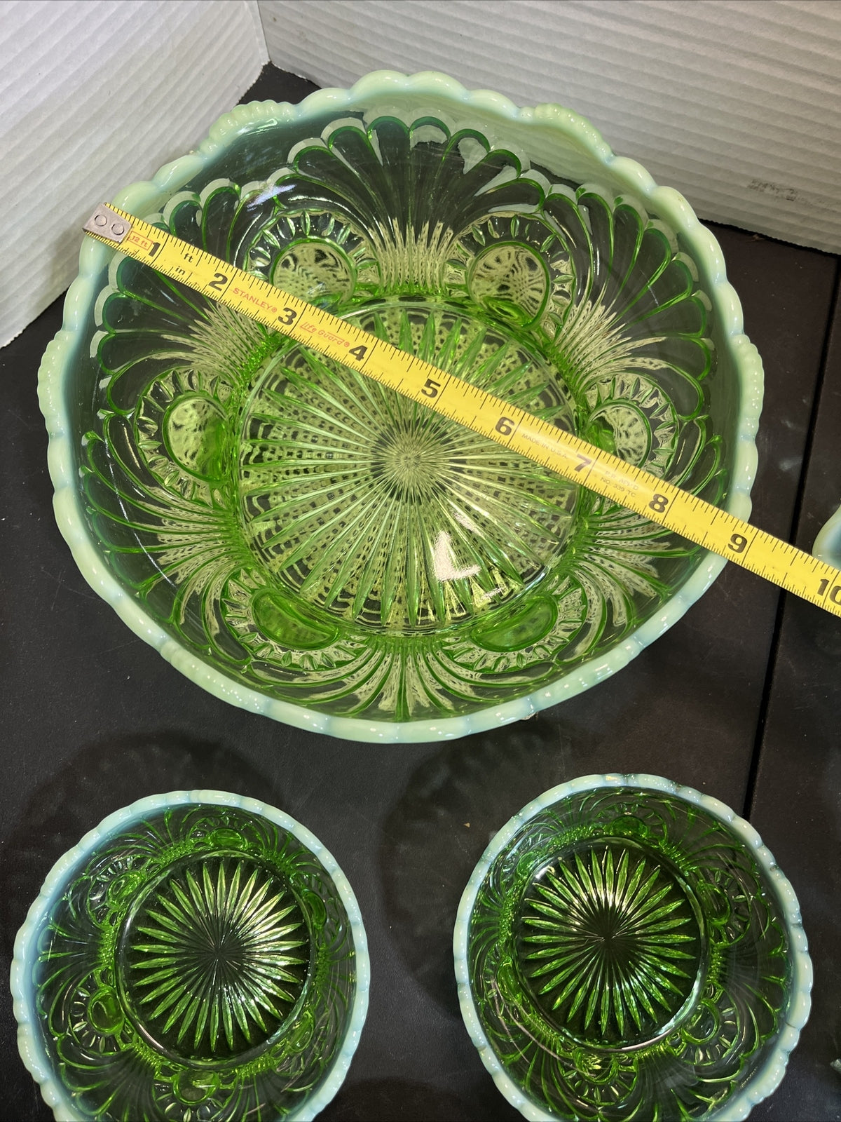 Antique Jefferson Glass 1907 Tokyo Green Opalescent Large, Med & 5 Small Bowls