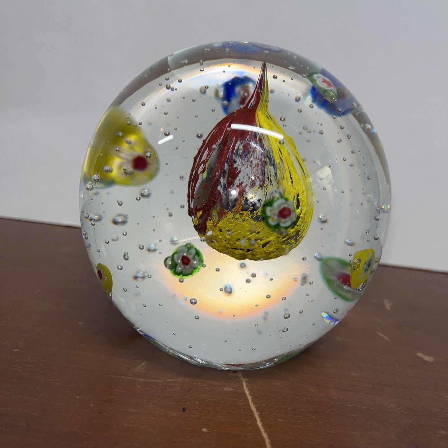 Vintage Art Glass Bubble Round Spear Paperweight Blue Red  Blue Yellow Clear 4”