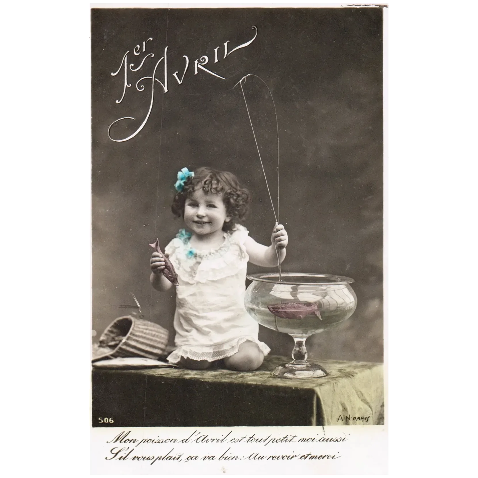 Little Girl Holding Fish in Fishbowl Artist Signed April Fools' Vintage Postcard