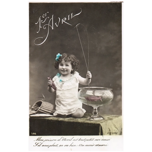 Little Girl Holding Fish in Fishbowl Artist Signed April Fools' Vintage Postcard