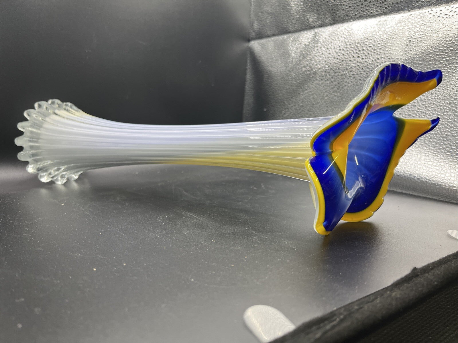 Vase Hand Blown Blue Cobalt Art Glass Jack in the Pulpit  Ribbed Tulip