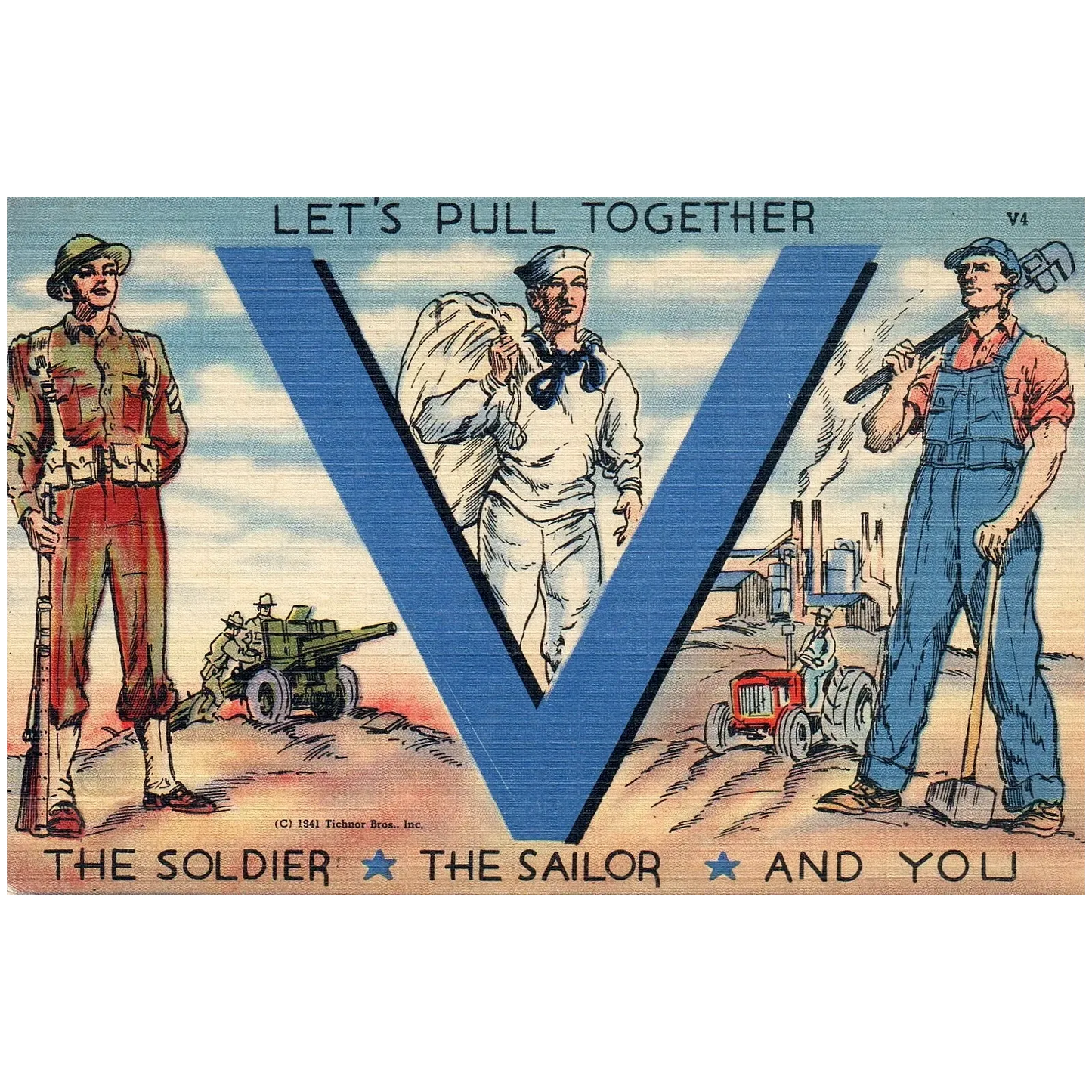 Let's Pull Together The Soldier Sailor & You Vintage Patriotic Postcard