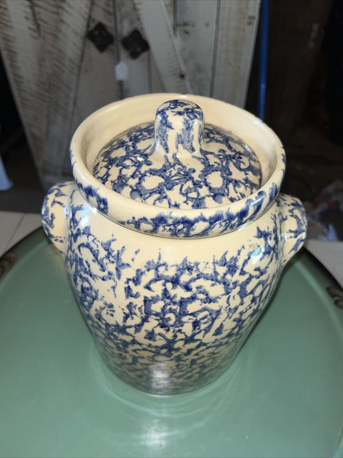 Robinson Ransbottom BLUE Sponge ware 4 Qt  LIDDED CANISTER Roseville USA