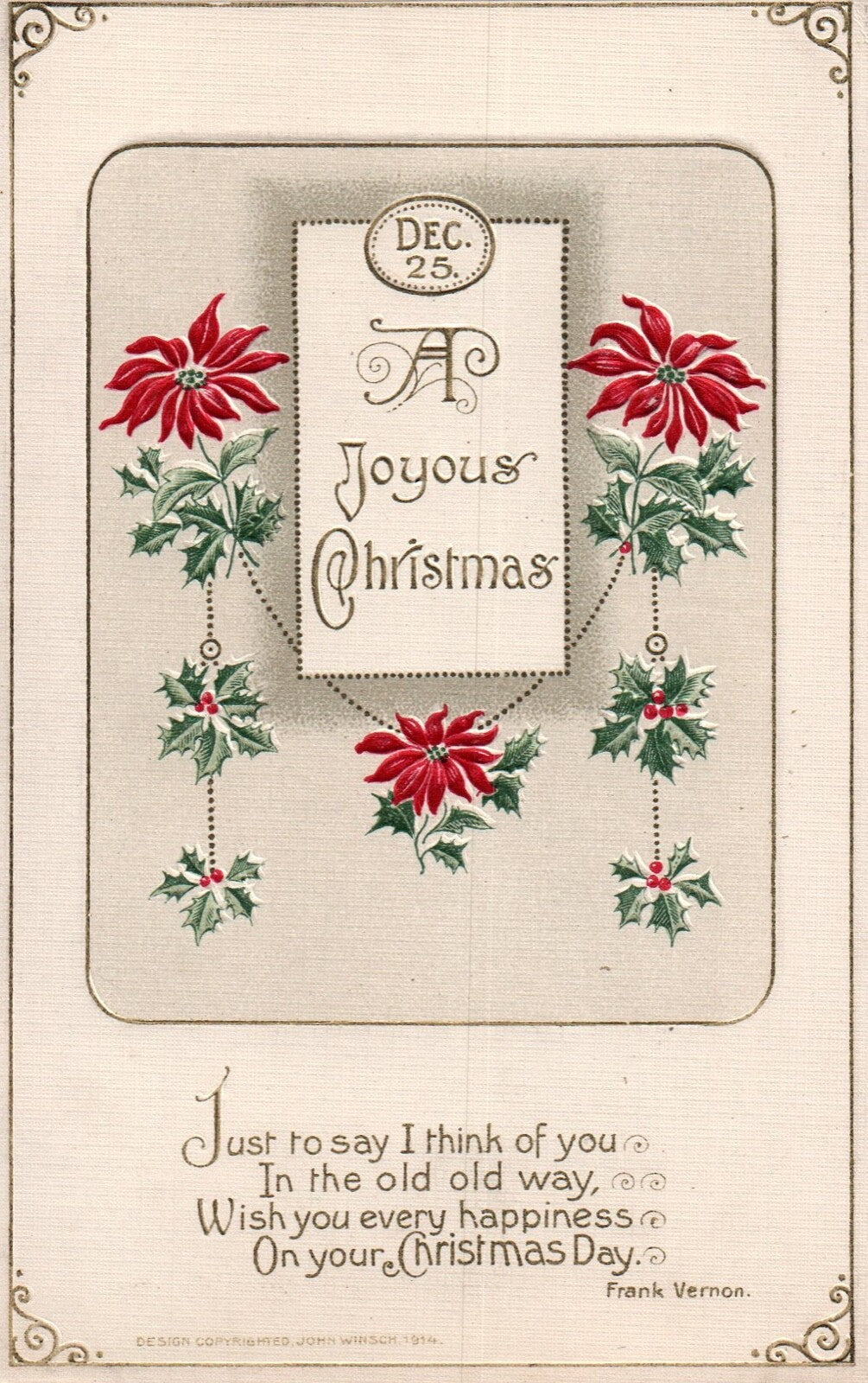 John Winsch Dec. 25 A Joyous Christmas Vintage Poinsettia Postcard