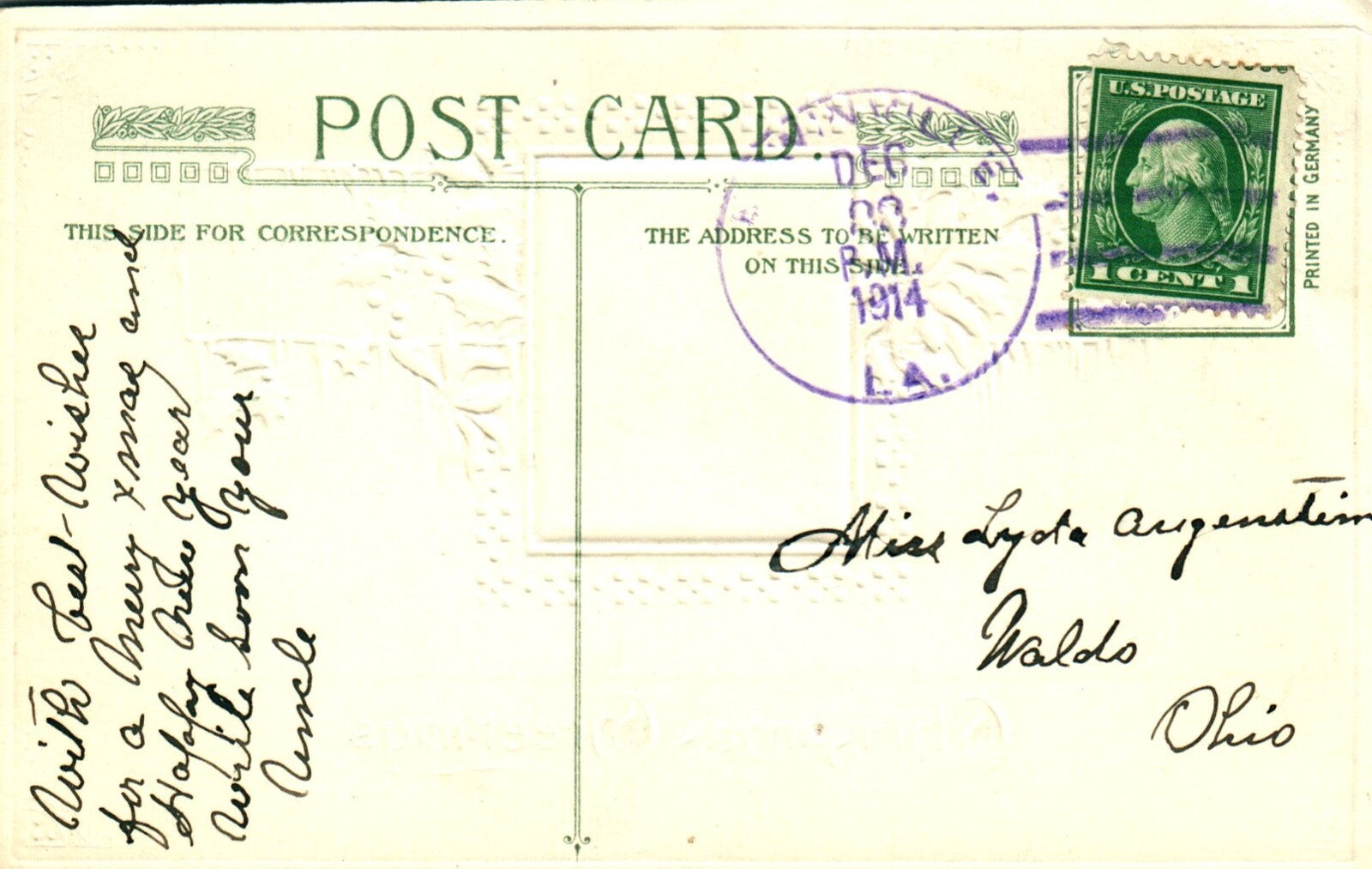 John Winsch Christmas Greetings Snowy Cabin in Woods Vintage Poinsettia Postcard