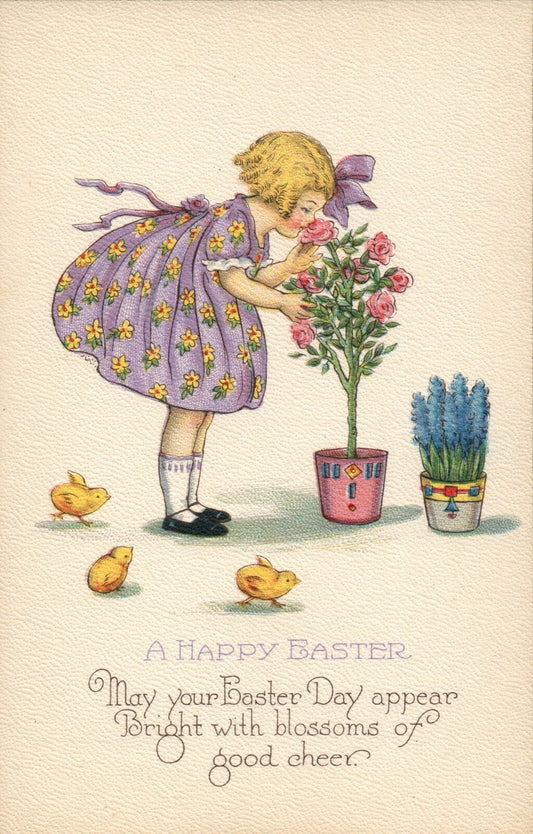 903A Gold Border Girl Smelling Pink Roses as Chicks Watch Behind Easter Postcard