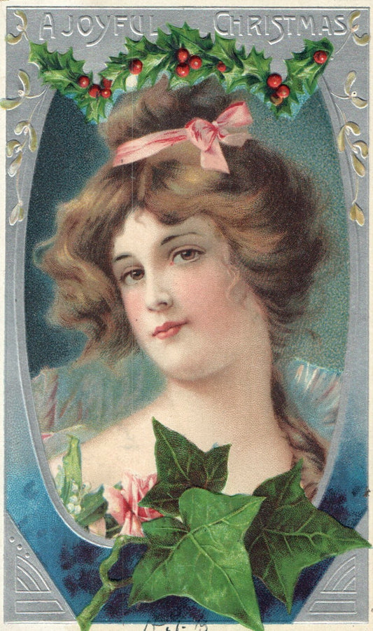 Beautiful Woman Joyful Christmas Postcard Blue Silver