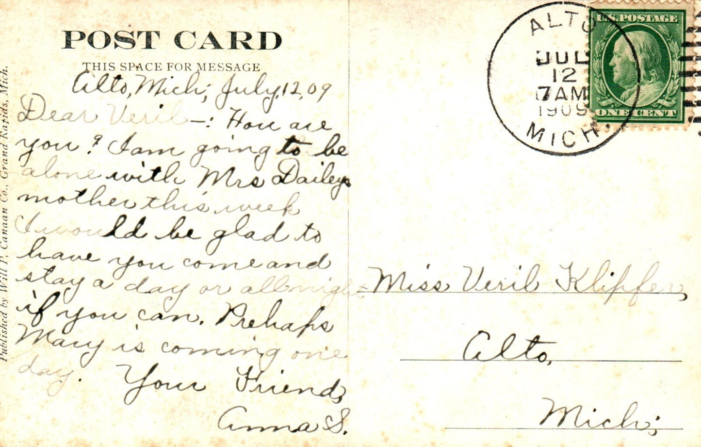 Main Street in Alto Michigan Vintage Postcard