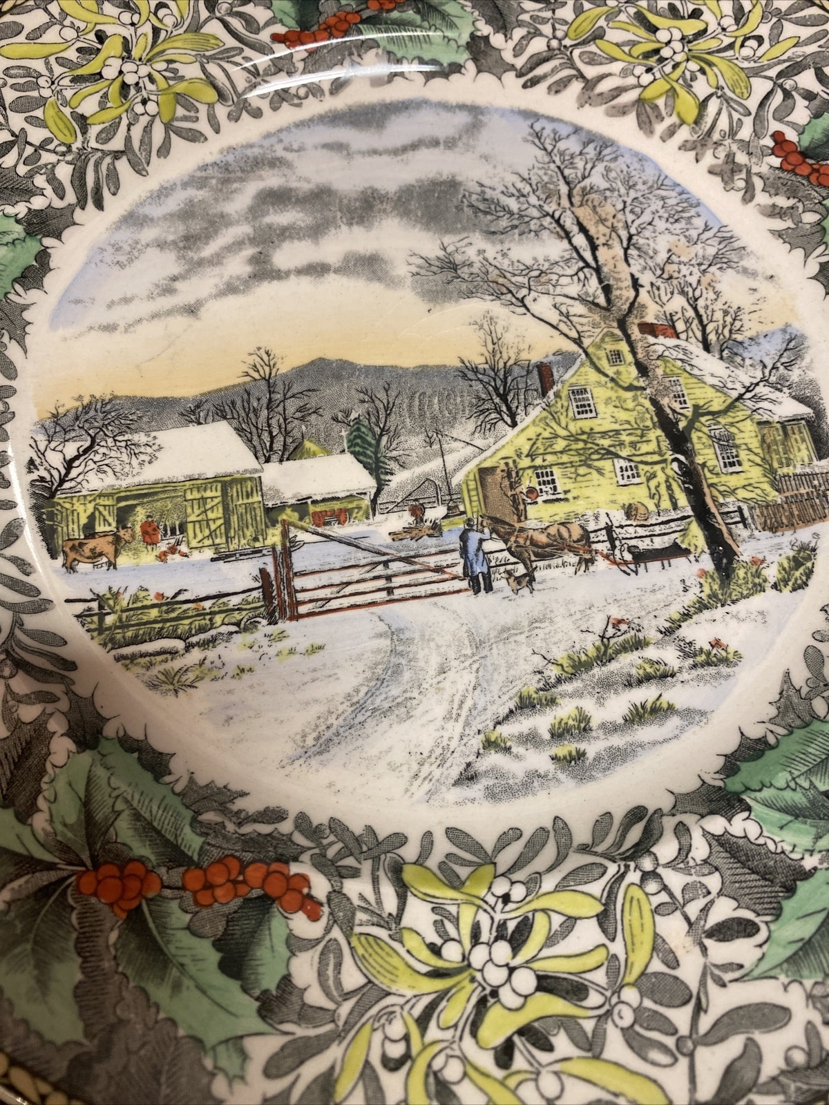 10.5" Adams Currier Winter Scenes New England Winter Scene Holly PLATE pottery
