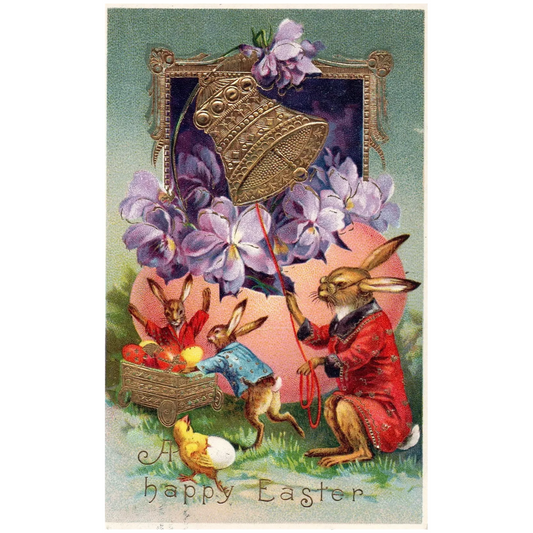 A Happy Easter Rabbit Ringing Bell  Pushing Cart Full of Eggs Easter Postcard