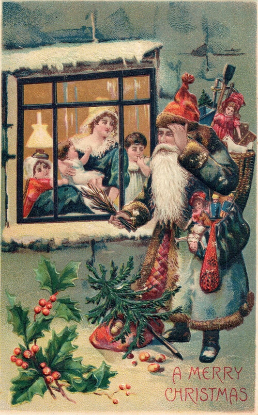 A Merry Christmas Santa Delivering Goodies to Family Santa Postcard
