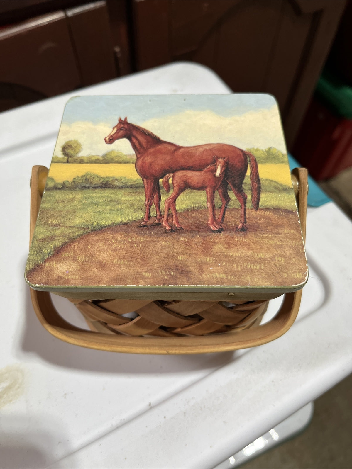 Vintage small Brown Woven Basket With Horses On Cover RARE. 4” X 4”, 4”