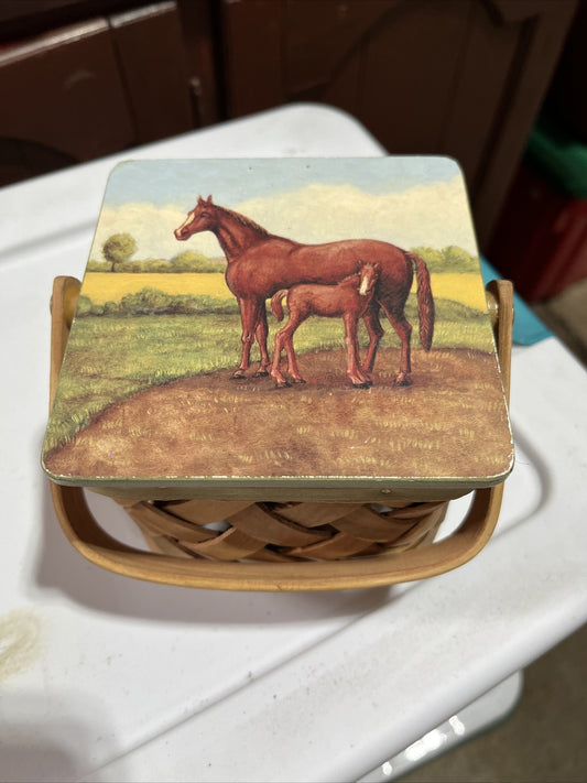 Vintage small Brown Woven Basket With Horses On Cover RARE. 4” X 4”, 4”