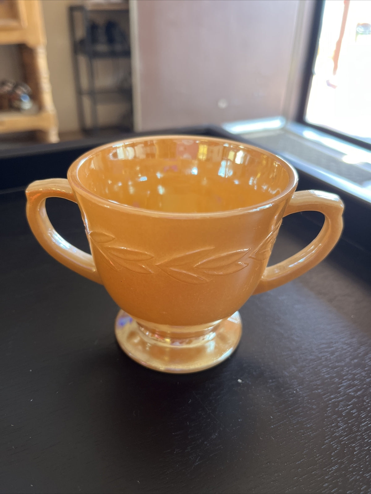 Anchor Hocking Fire King Peach Luster Laurel Leaf Sugar Bowl iridescent