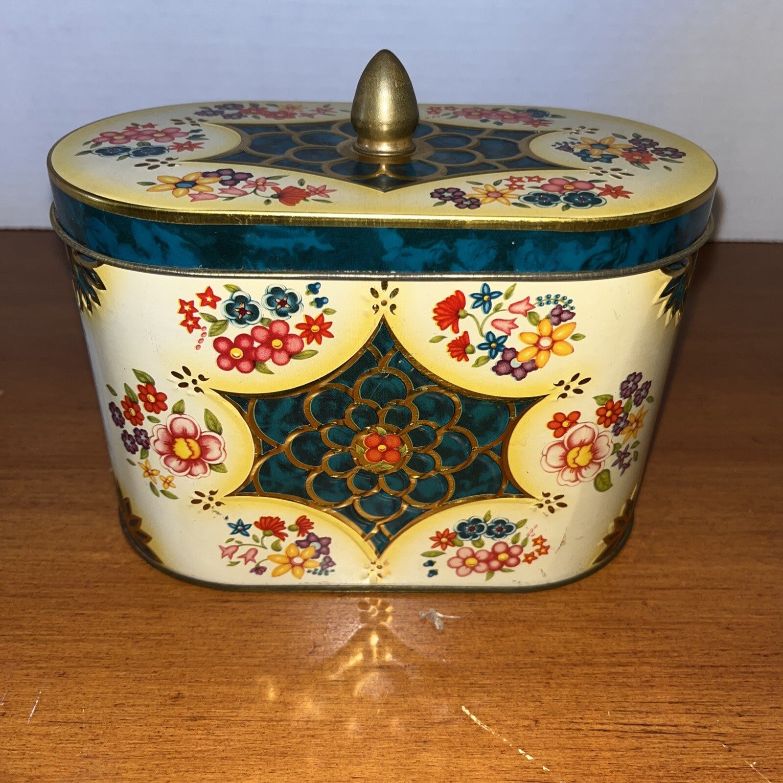 Vintage Oval Blue Green Yellow Metal Candy Tin Wild Flowers 5" High