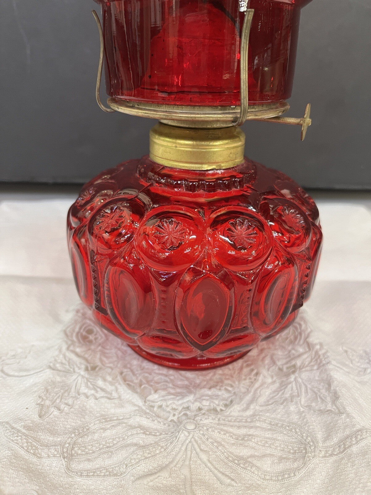 LE Smith Moon and Star Ruby Red Glass Oil Lamp