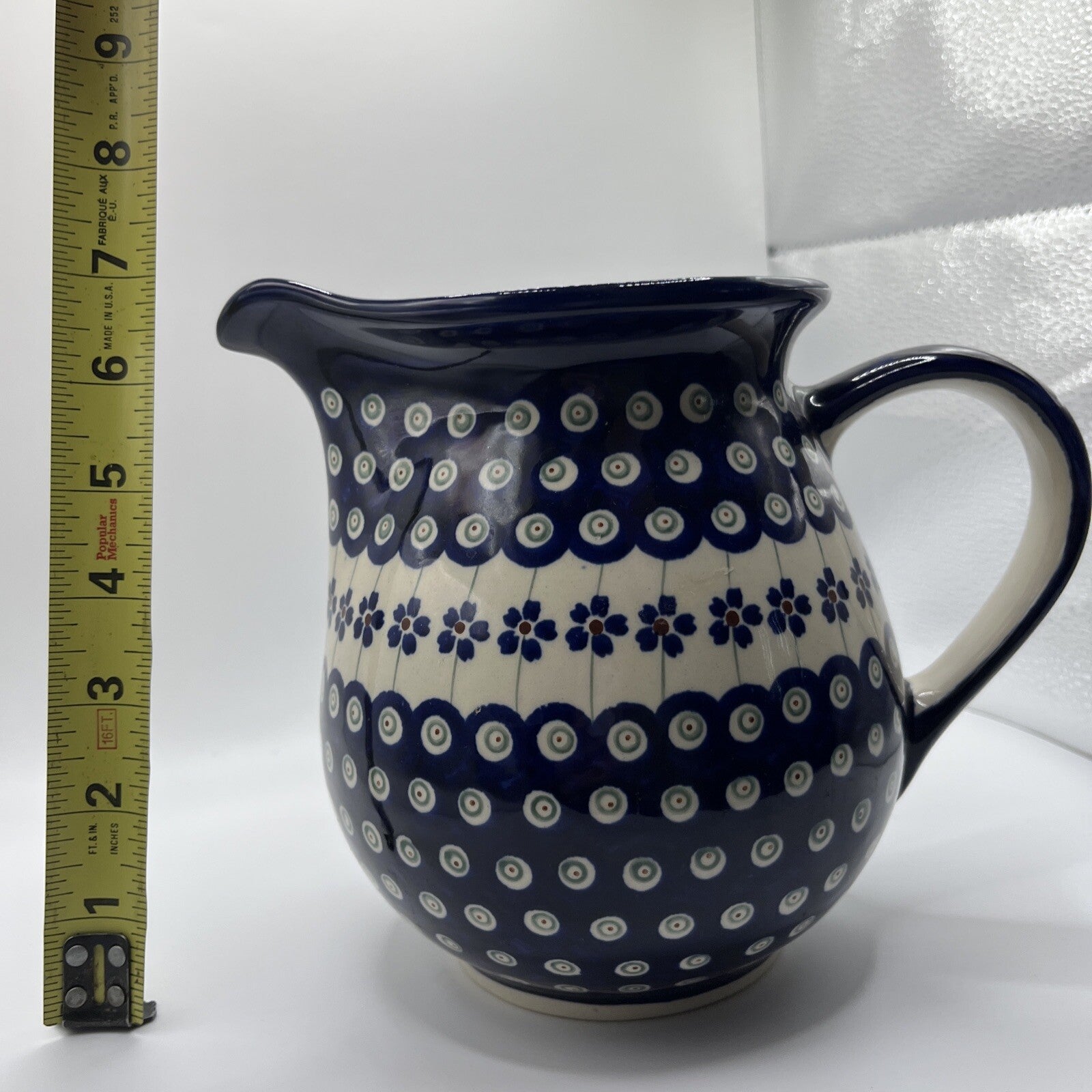 New Polish Pottery Boleslawiec Water Pitcher 6.5” High Blue Flower Authentic