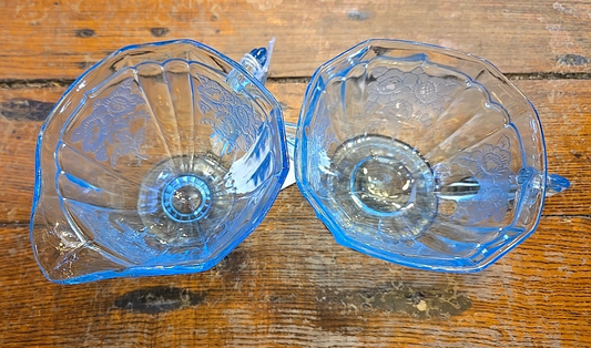 Anchor Hocking Blue Mayfair Open Rose depression glass Footed Creamer & Sugar