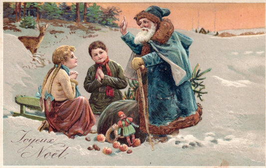 Joyeux Noel Blue Coat Santa with Children & Deer in Snow Vintage Santa Postcard