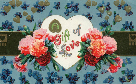 A Gift of Love Blue & Gold Floral Background Carnations White Heart Postcard