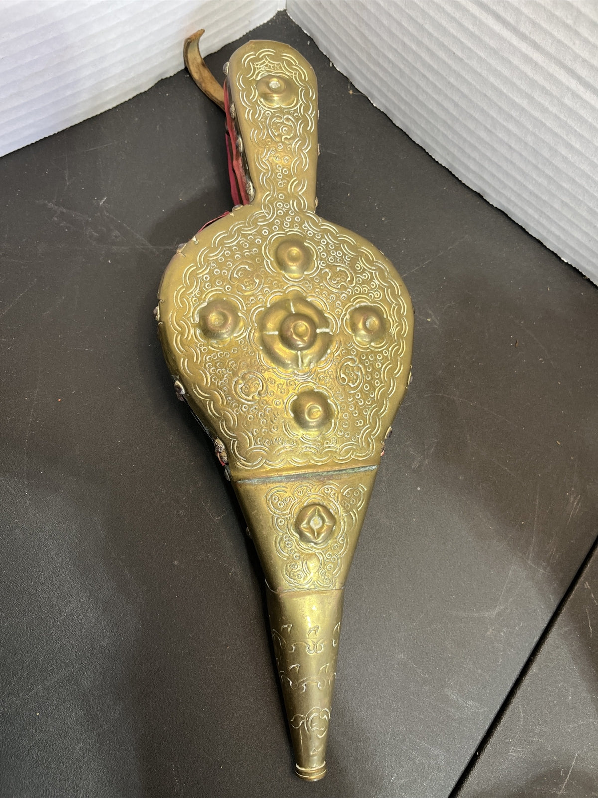 Antique French Handmade Repousse Brass Wood Fireplace Bellow