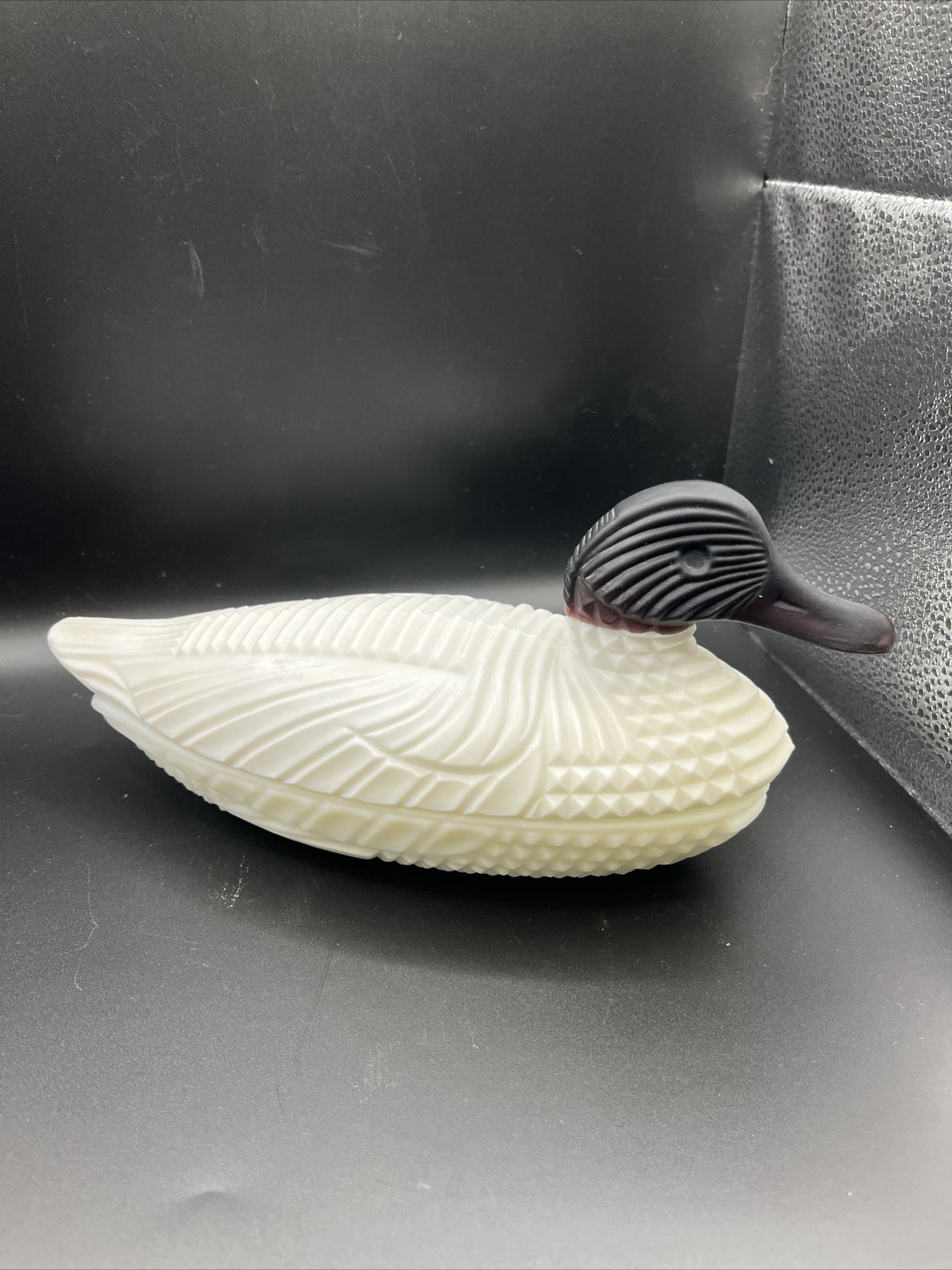 #20 Antique Milk Glass Att. Duck w/Amethyst Head