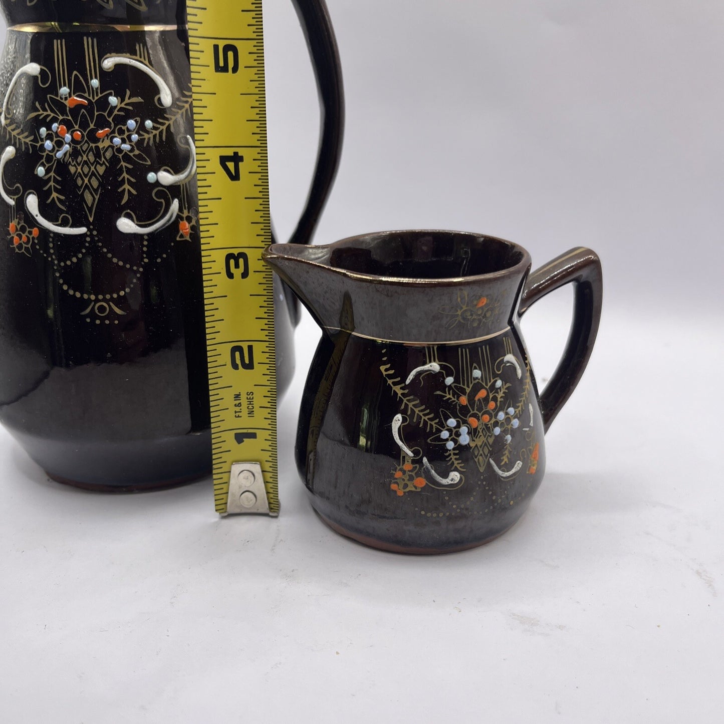 Vintage Brown Betty Pitcher & Creamer hand painted gold gilded Redware Moorage